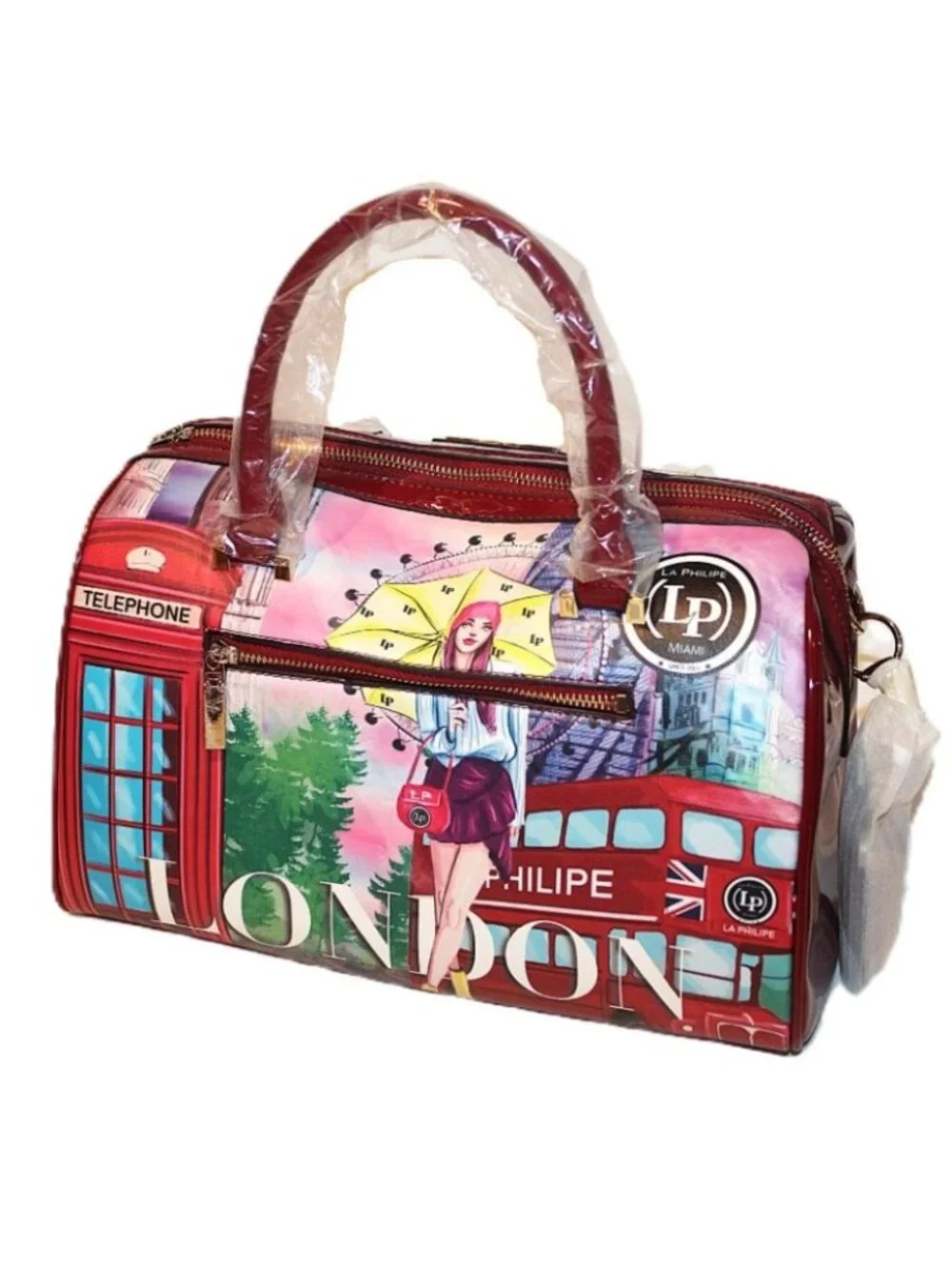 LP La Philipe Purse "Umbrella in London" Handbag Red Large Bag Black Tote LP1020 - Picture 4 of 16